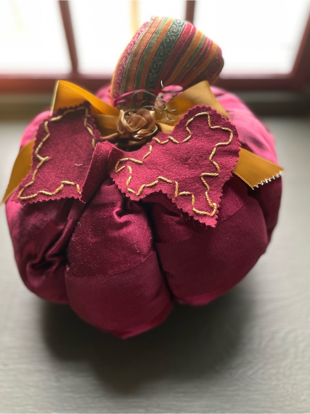 Handmade burgundy satin stripe Pumpkin with Gold Ribbon & burgundy felt